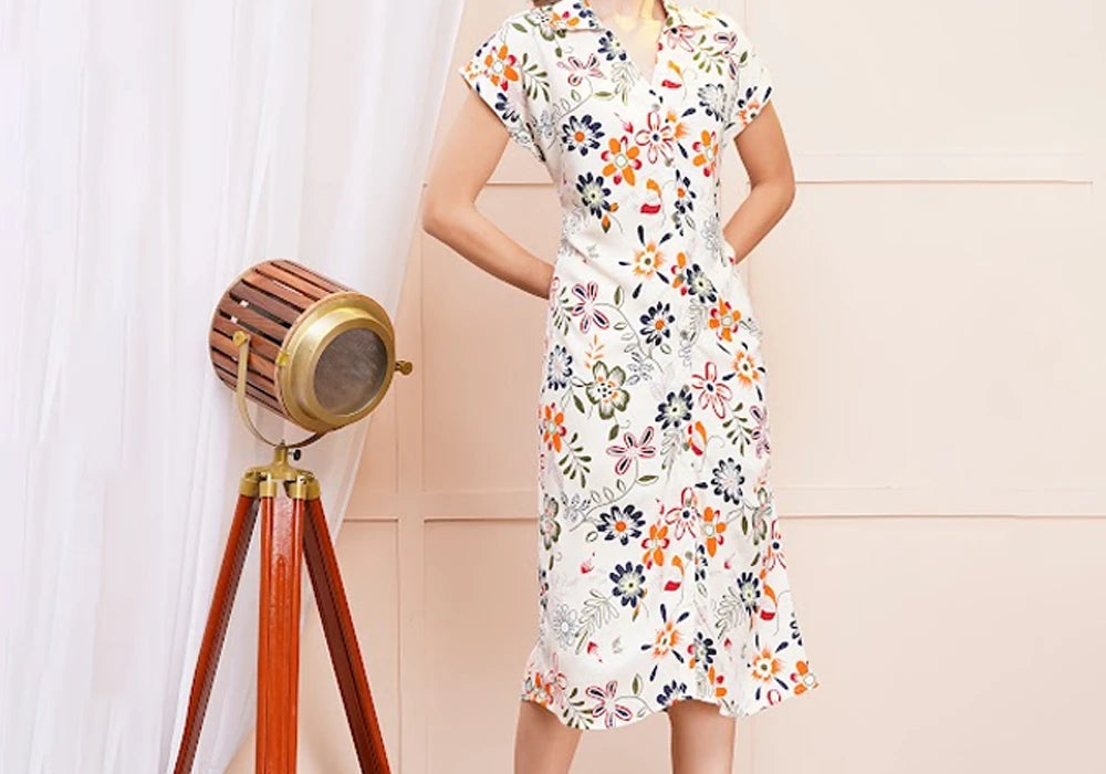 White Garden-Inspired Floral Print Midi Shirt Dress 2