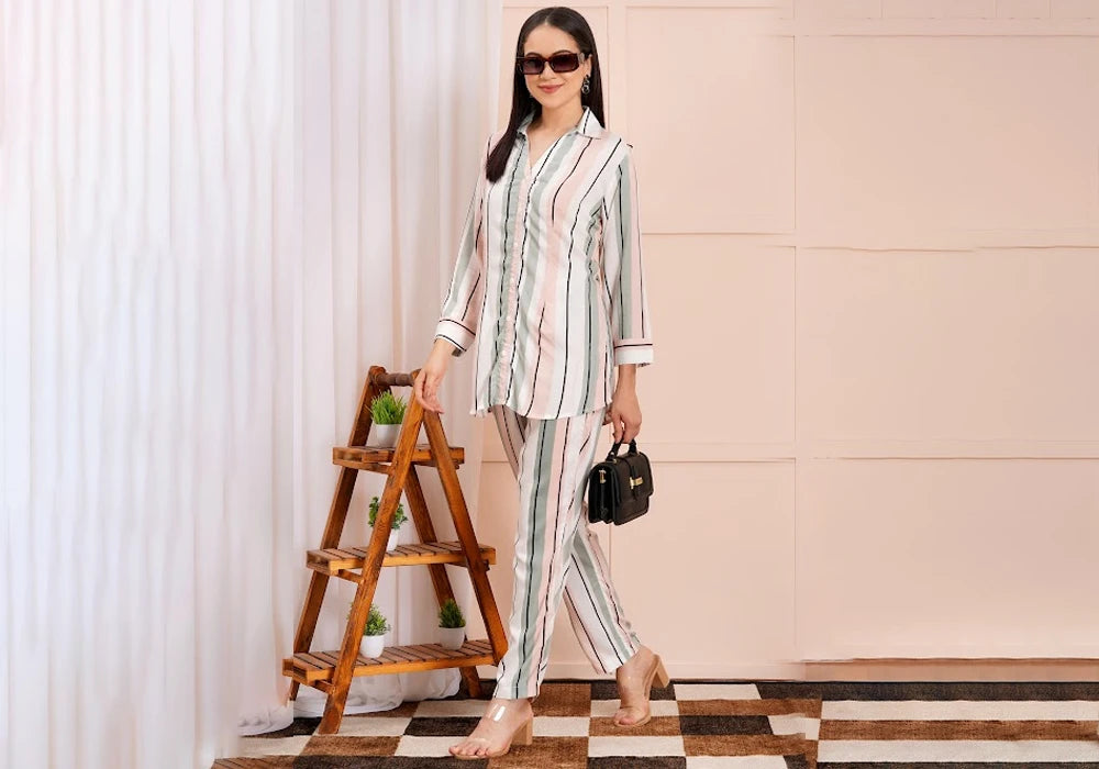 White & Green Striped Shirt Style Co-ord Set 1