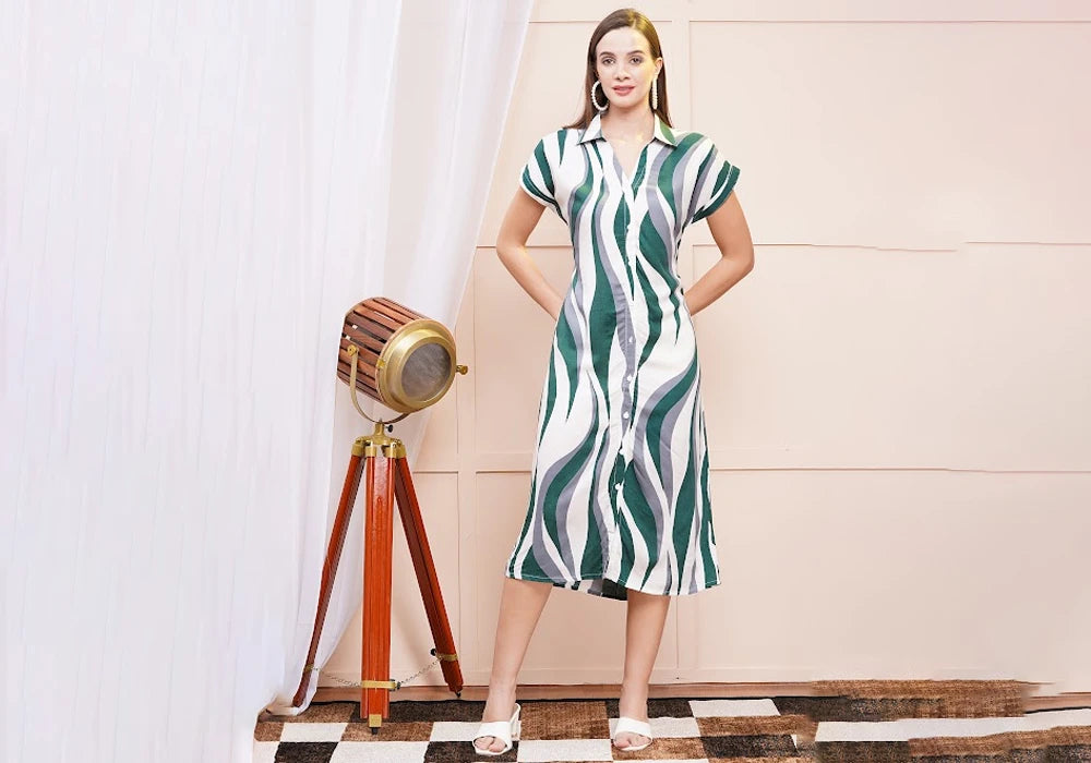 White & Green Wave Print Button-Down Midi Shirt Dress 1