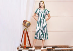 White & Green Wave Print Button-Down Midi Shirt Dress 1