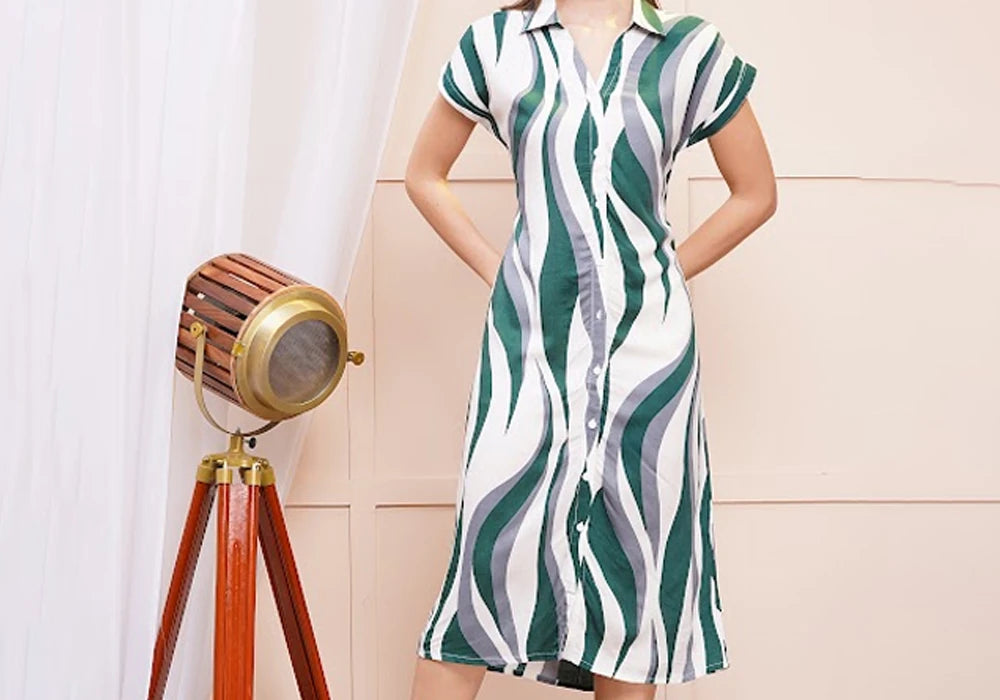 White & Green Wave Print Button-Down Midi Shirt Dress 2
