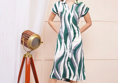 White & Green Wave Print Button-Down Midi Shirt Dress 2