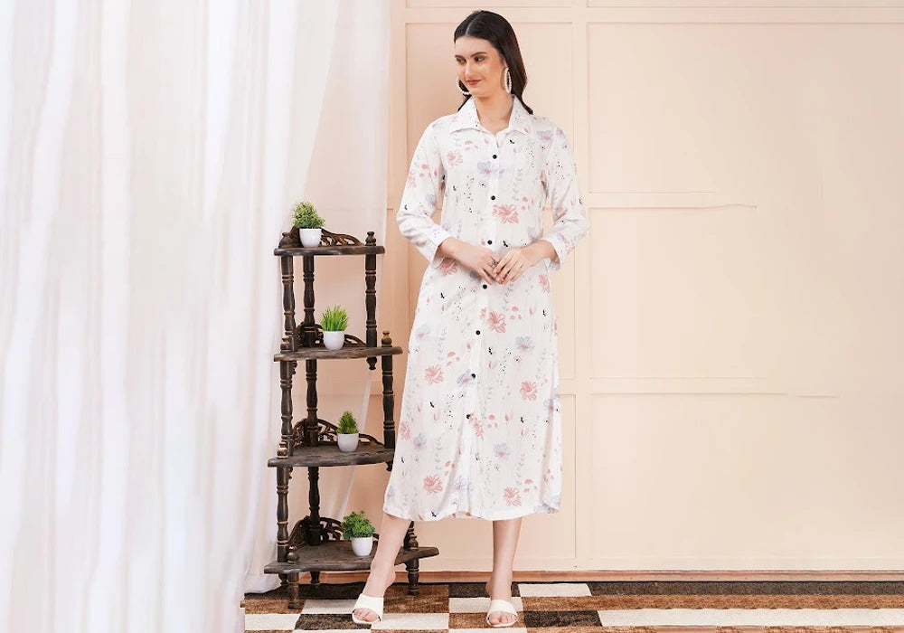 White Pastel Floral Print Long Shirt Dress 1