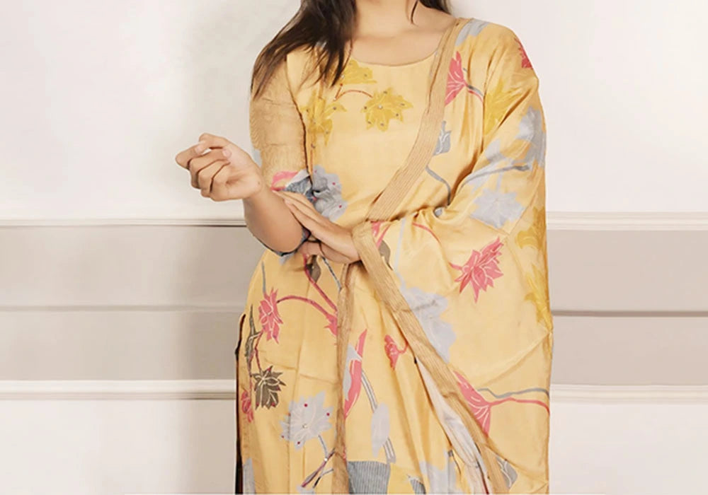 Zinnia Mustard Handcrafted Floral Cotton Suit Set 3